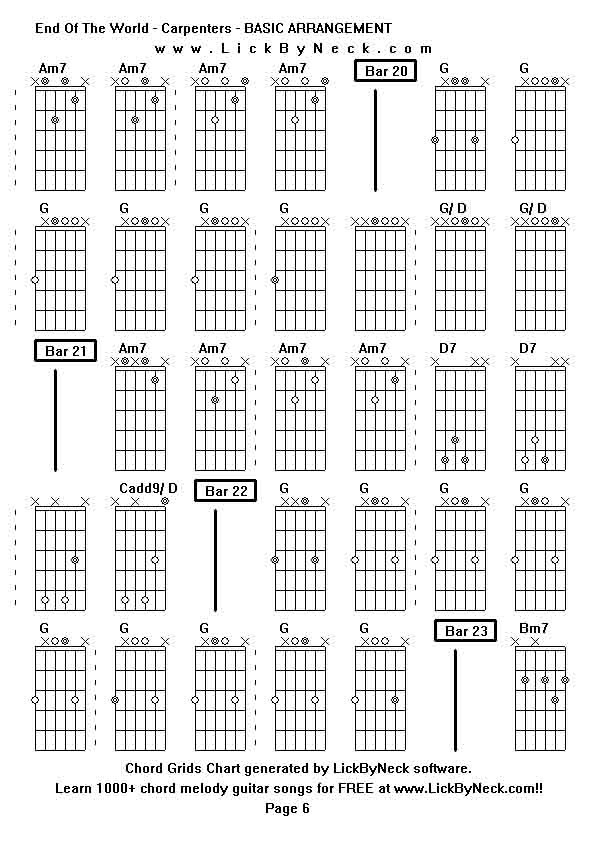 Chord Grids Chart of chord melody fingerstyle guitar song-End Of The World - Carpenters - BASIC ARRANGEMENT,generated by LickByNeck software.